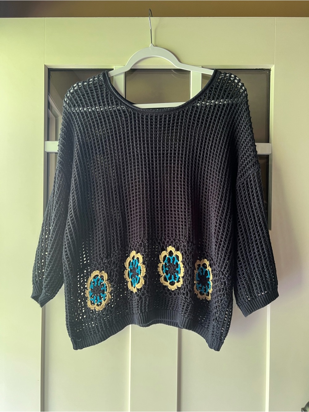Black Crochet Knit Women's Sweater with Blue & Cream Floral Accents